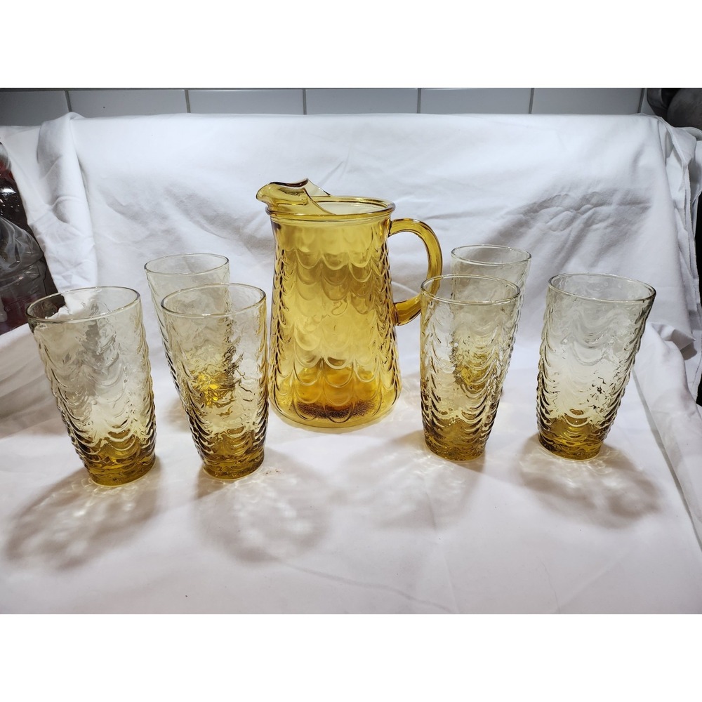 Vintage,Libbey Glass, Drape Honey Gold, Amber Pitcher & (6) Tumblers-*Excellent*
